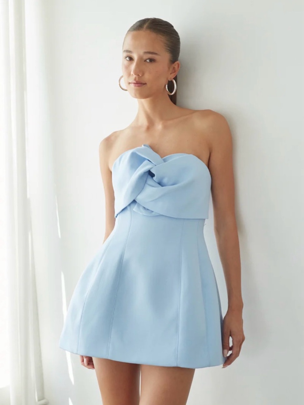 American Threads Strapless Twist-Front Mini Dress in Light Blue